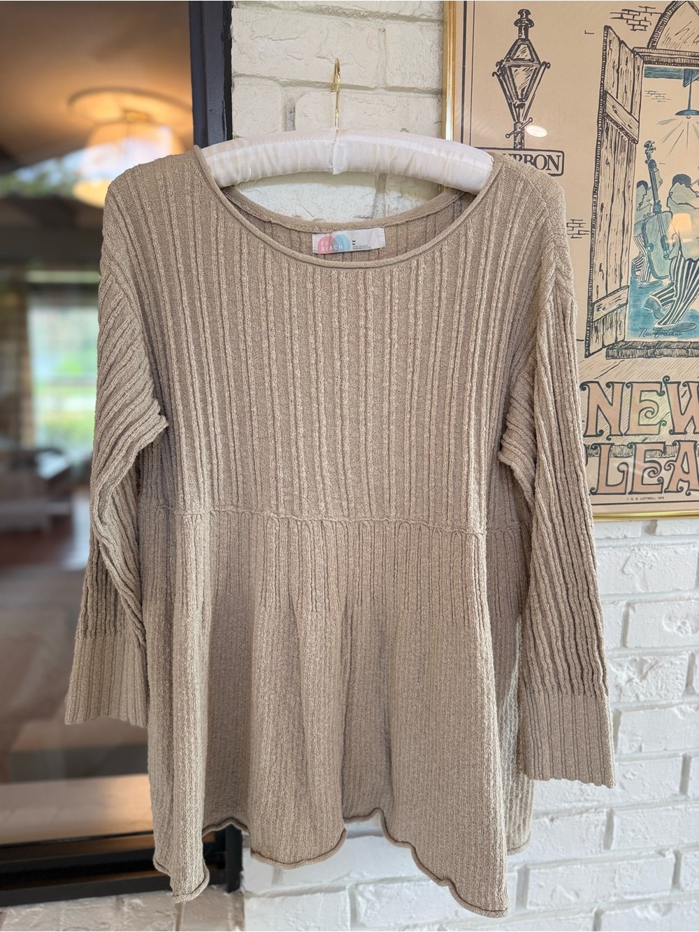 FP Beach Free People Ribbed Babydoll Peplum Tunic Knit Top Tan Oatmeal M